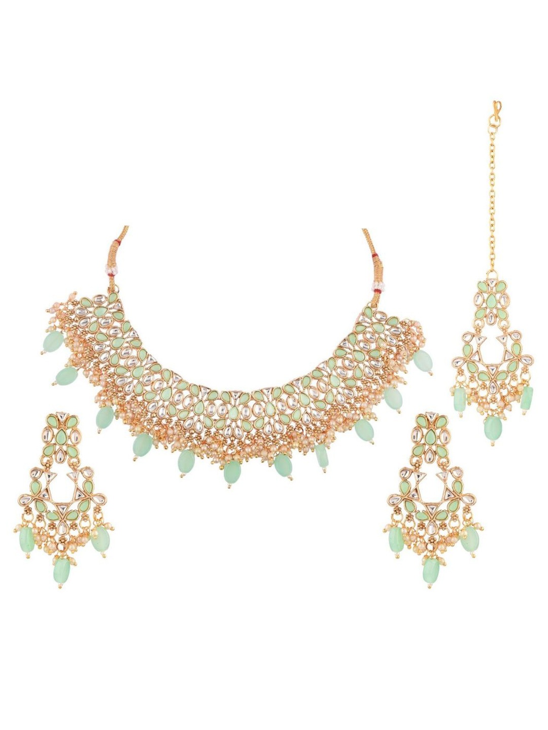

Efulgenz Gold-Toned & Sea Green Crystals-Studded Gold-Plated Jewellery Set