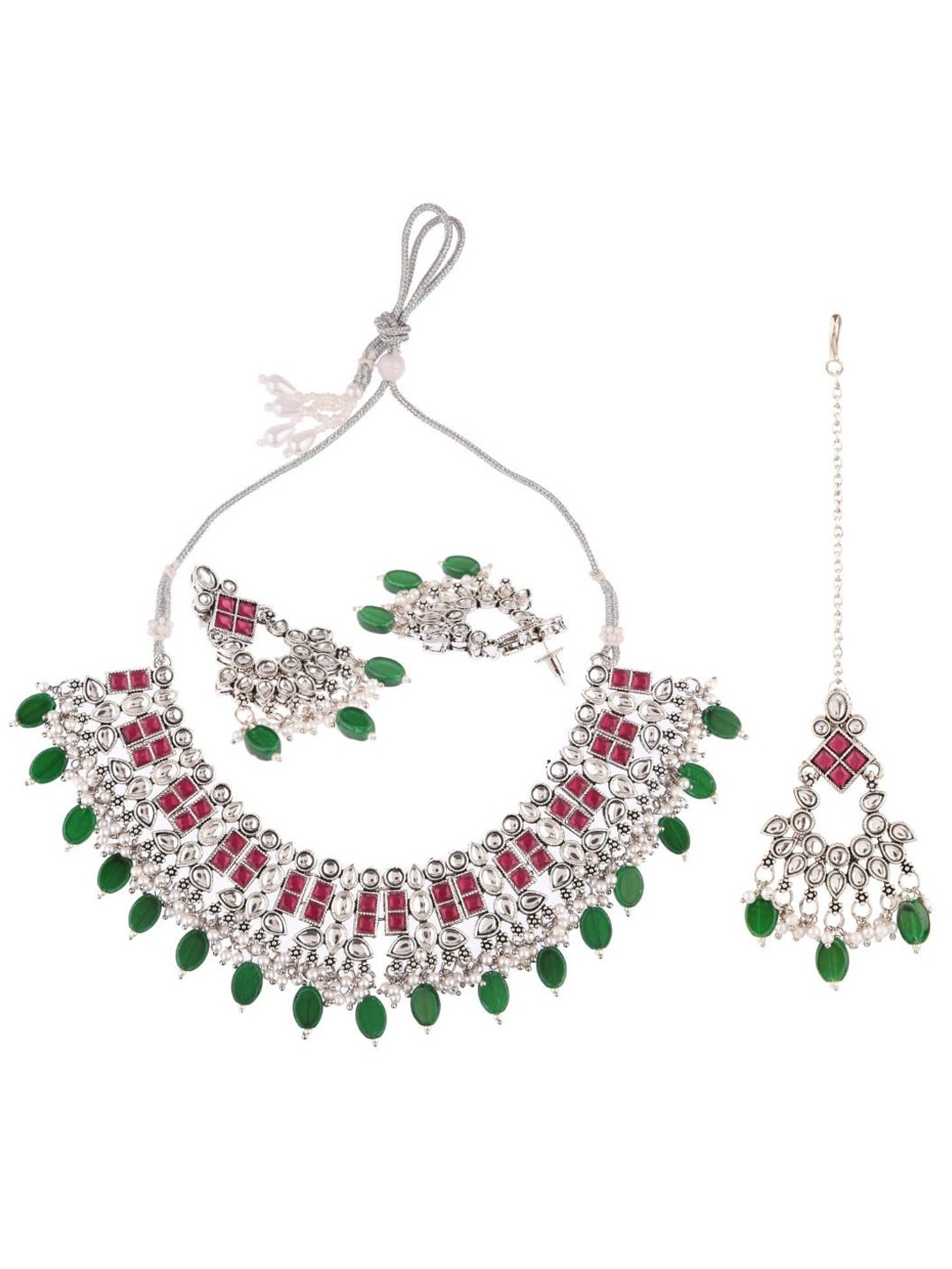 

Efulgenz Silver-Toned & Green Kundan-Studded & Beaded Gold-Plated Jewellery Set