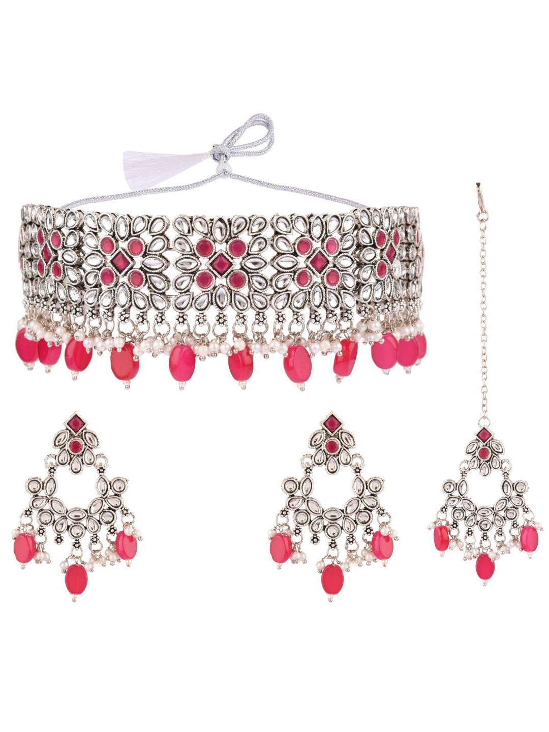 

Efulgenz Silver-Toned & Pink Kundan Studded & Beaded Silver-Plated Jewellery Set