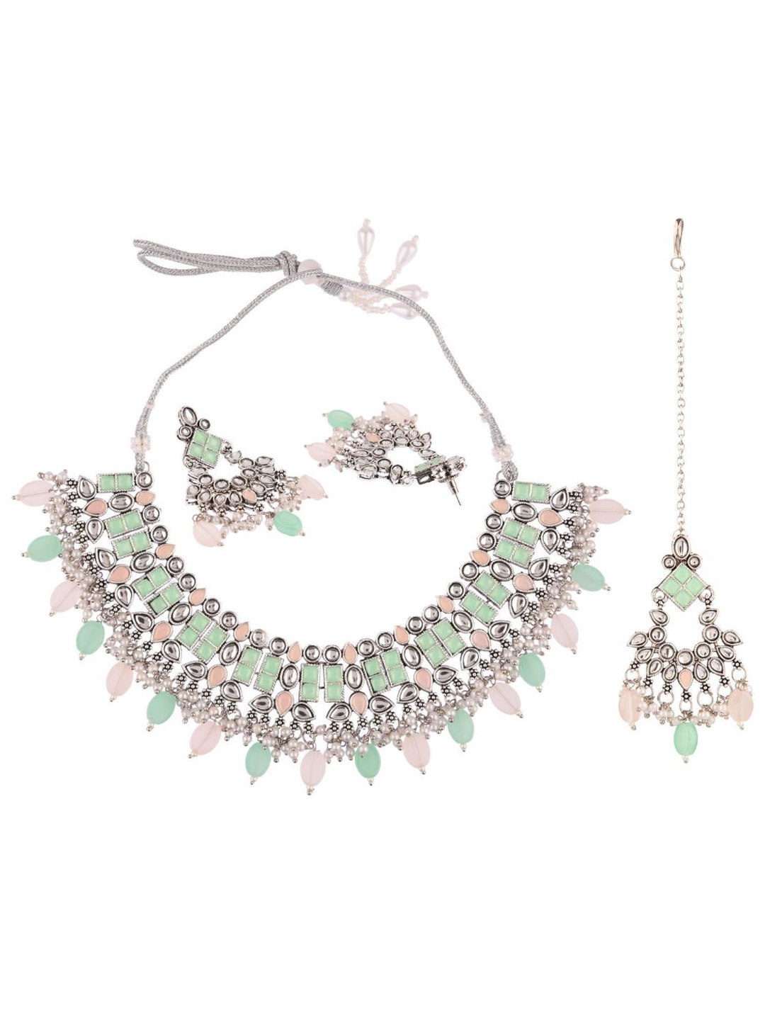 

Efulgenz Silver-Toned & Sea Green Kundan Studded Silver-Plated Jewellery Set