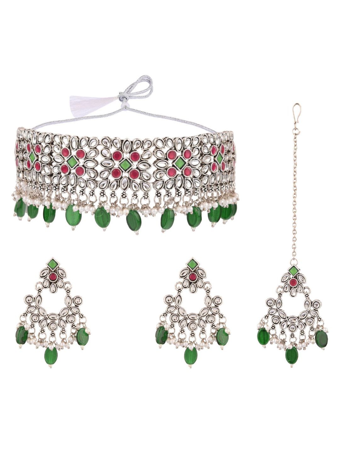 

Efulgenz Silver-Toned & Green Kundan Stone-Studded & Beaded Gold-Plated Jewellery Set