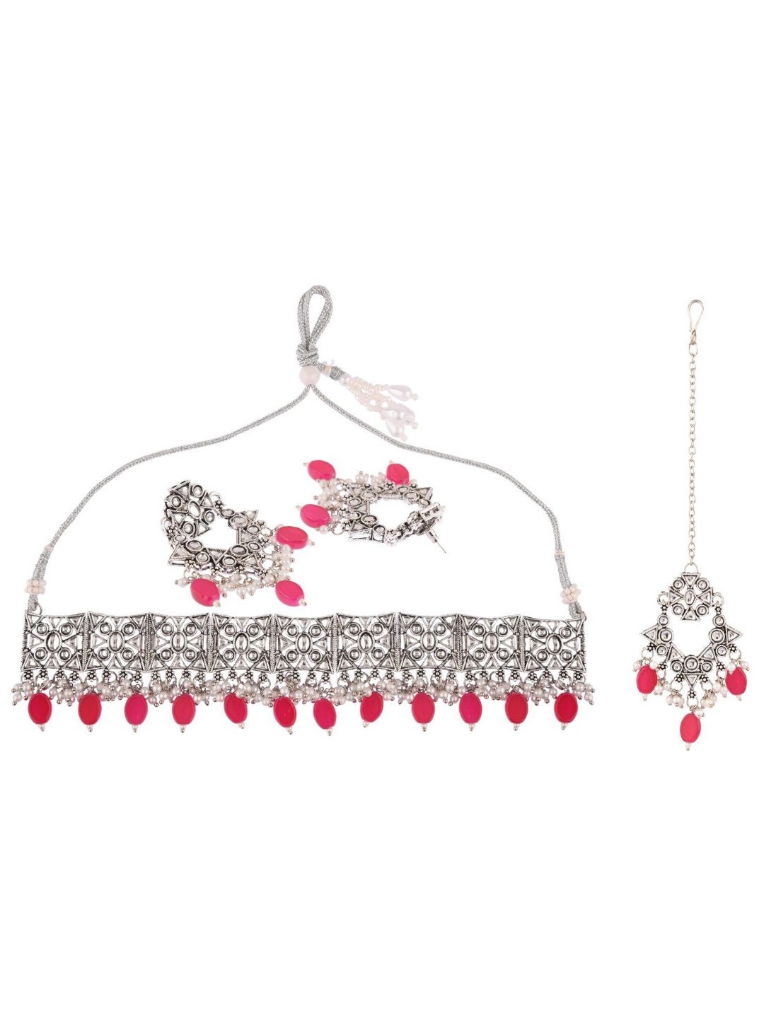 

Efulgenz Silver-Toned & Pink Kundan-Studded Gold-Plated Jewellery Set