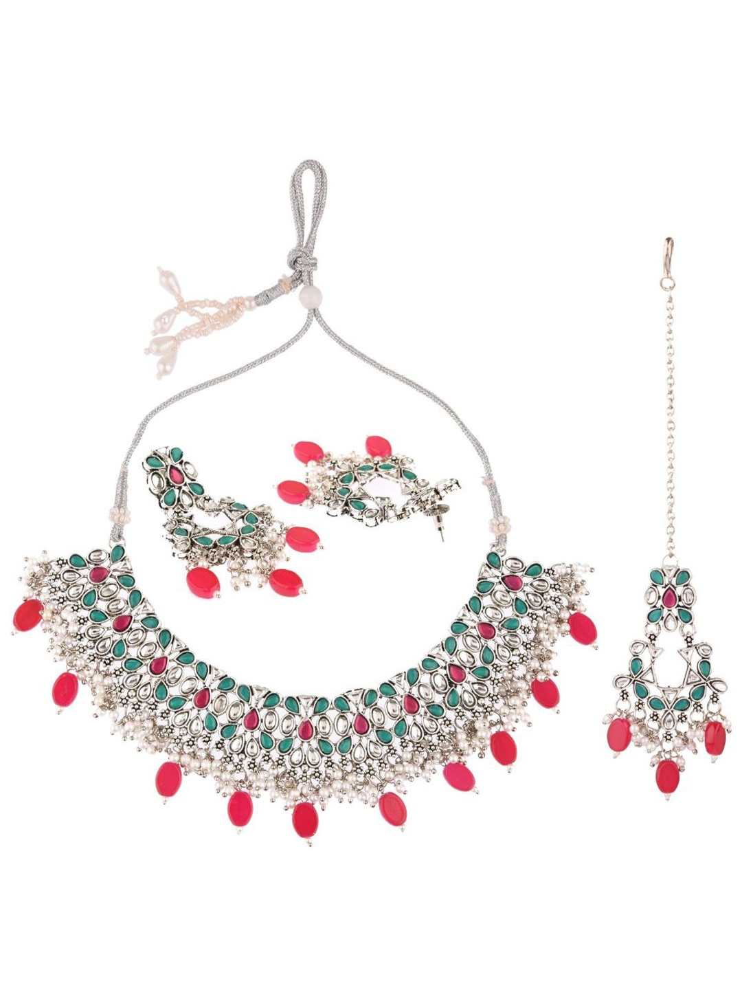 

Efulgenz Silver-Toned & Pink Kundan Stone-Studded & Pearl Beaded Gold-Plated Jewellery Set