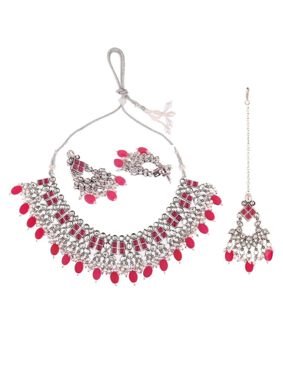 

Efulgenz Silver-Toned & Pink Kundan Studded & White Beaded Gold-Plated Jewellery Set