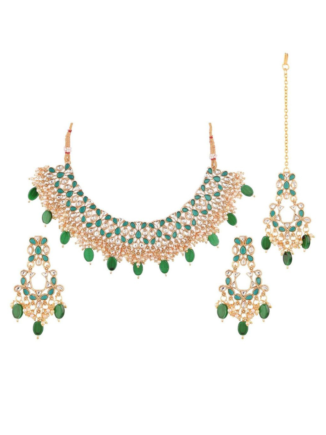 

Efulgenz Gold-Toned & Green Crystal Studded & Beaded Gold-Plated Jewellery Set