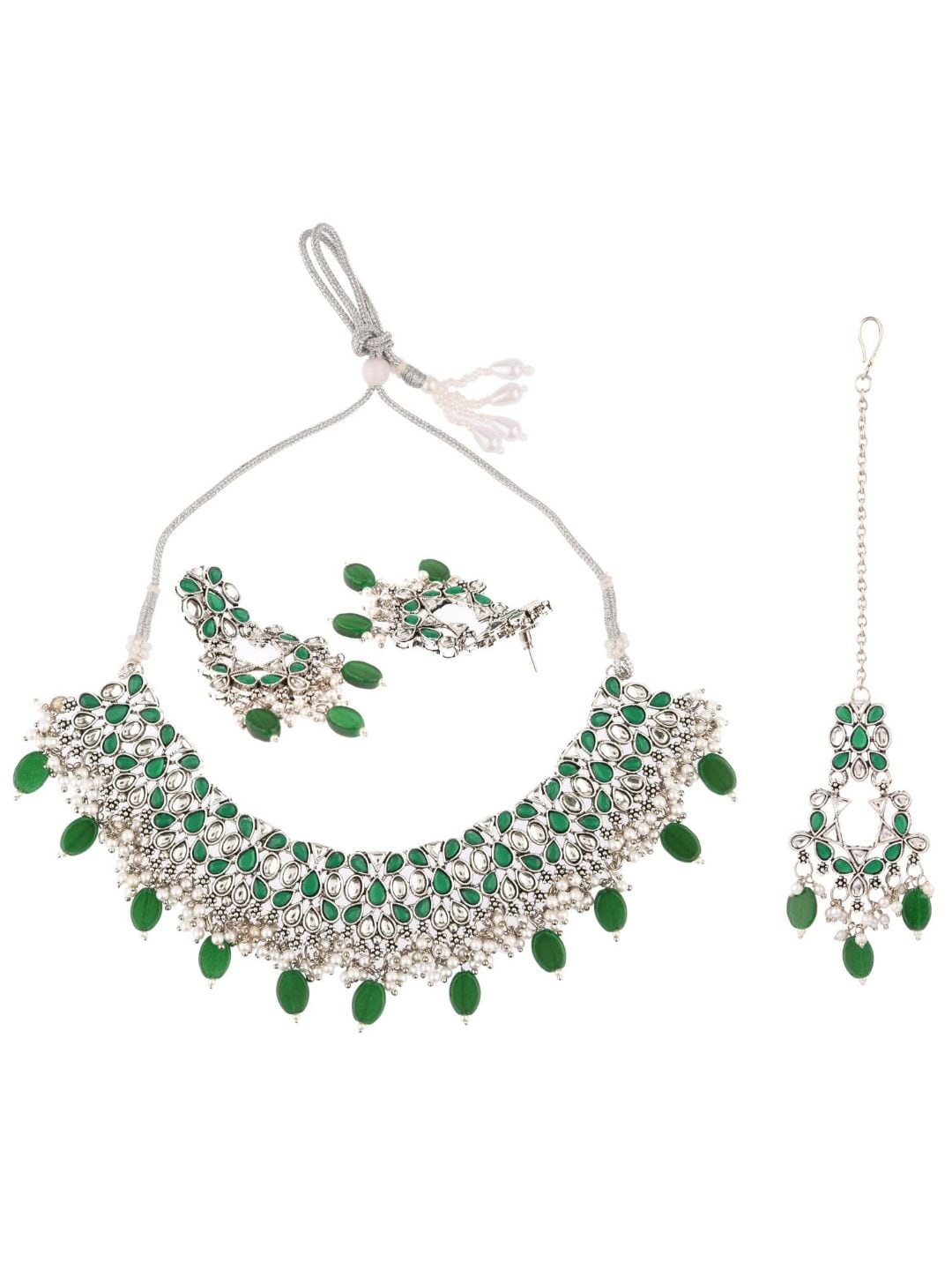 

Efulgenz Silver-Toned & Green Kundan-Studded Silver-Plated Jewellery Set