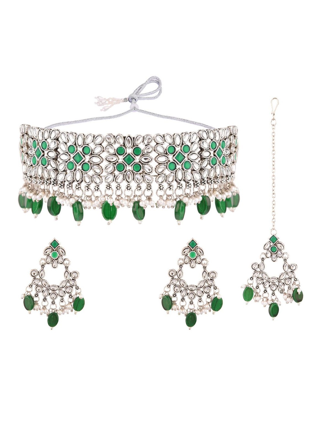 

Efulgenz Silver-Toned & Green Kundan-Studded Silver-Plated Jewellery Set