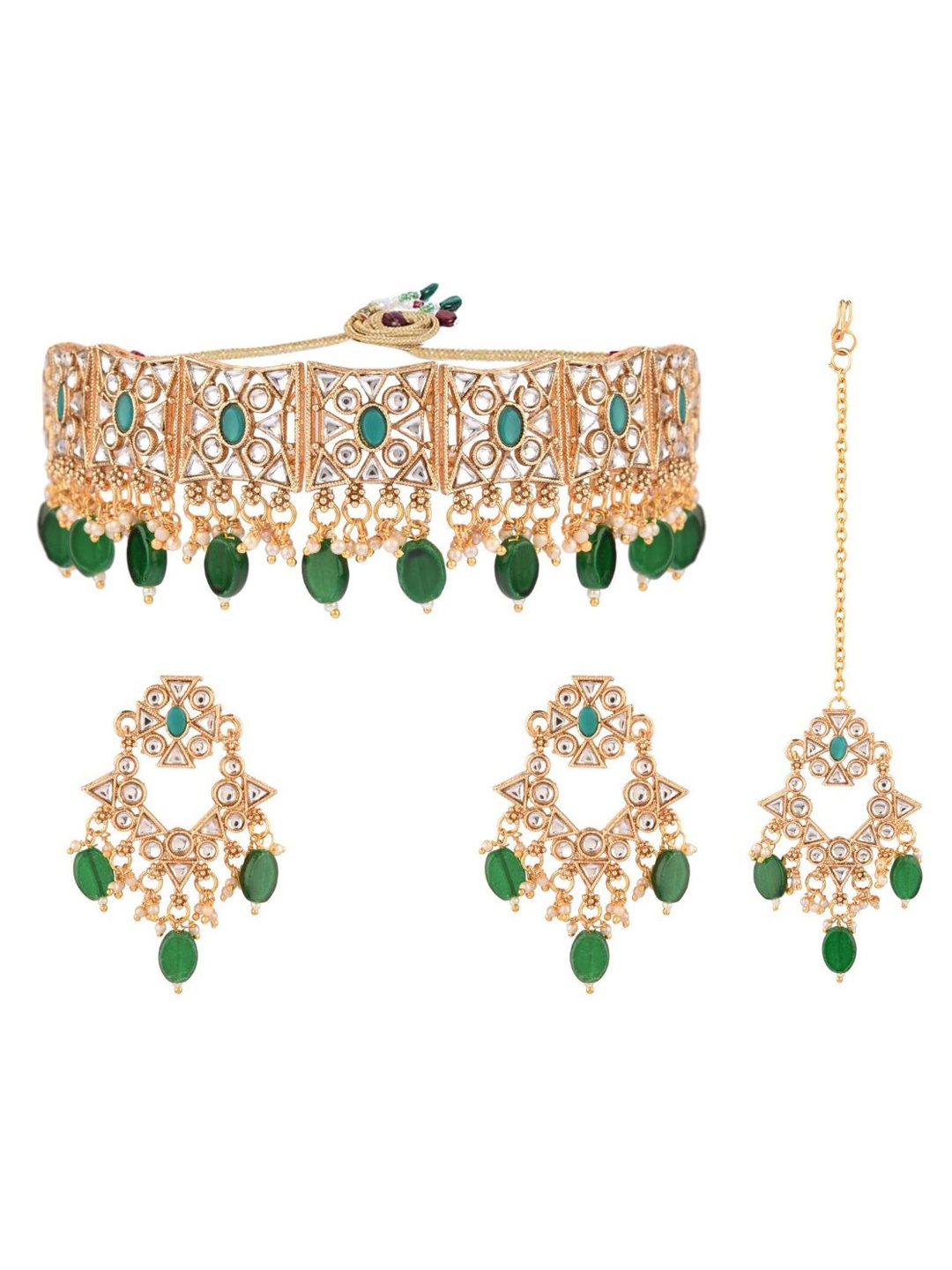 

Efulgenz Gold-Toned & Green Kundan-Studded & Beaded Gold-Plated Jewellery Set