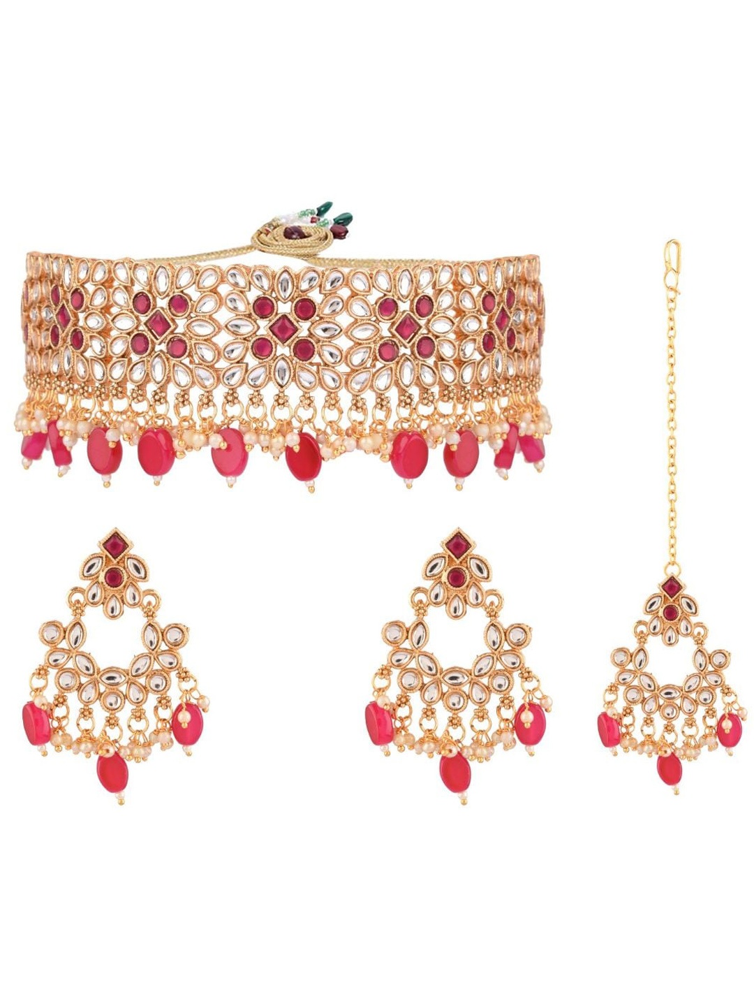 

Efulgenz Gold-Toned & Pink Crystal Studded & Beaded Gold-Plated Jewellery Set