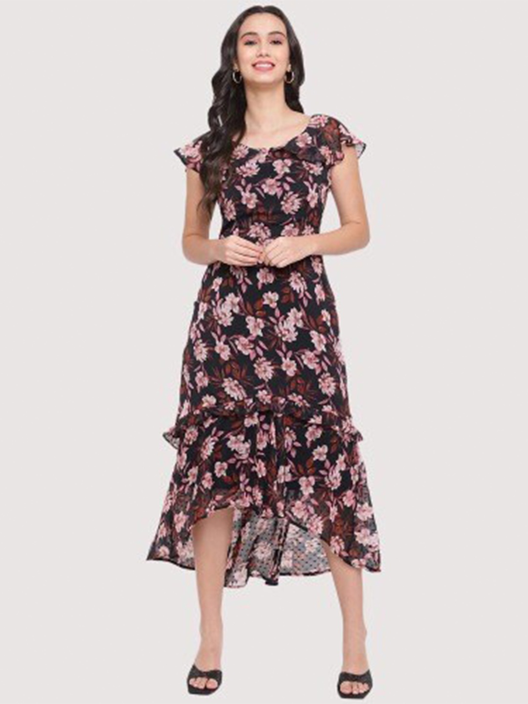 

Latin Quarters Black & Pink Floral Midi Dress