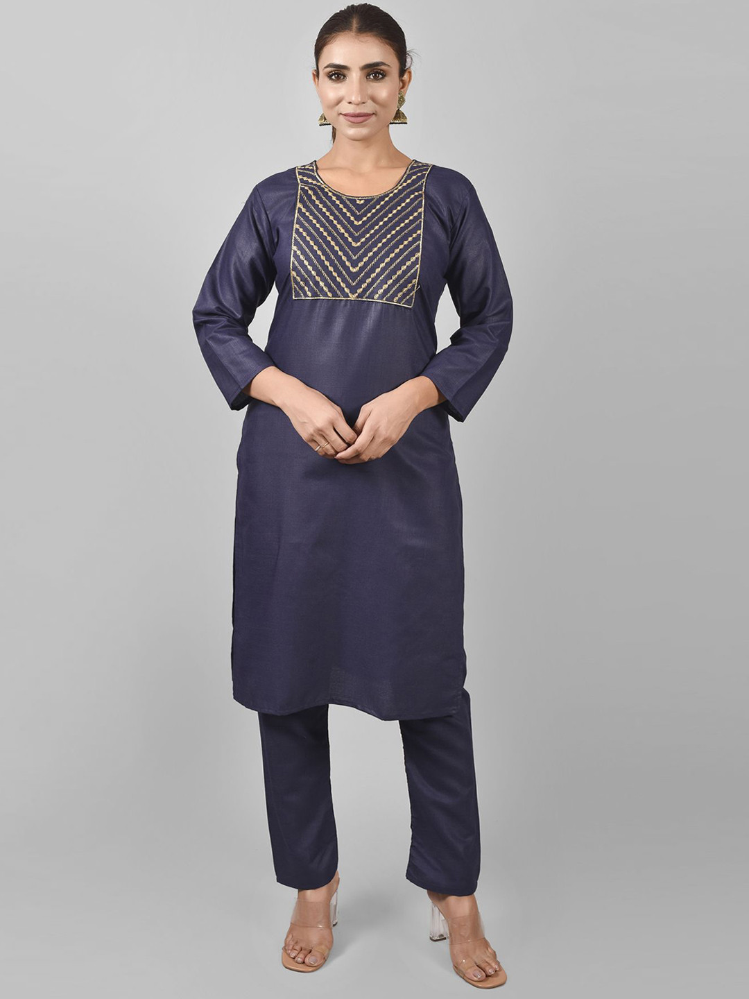 

KALINI Women Navy Blue Floral Yoke Design Pure Cotton Kurta With Trousers