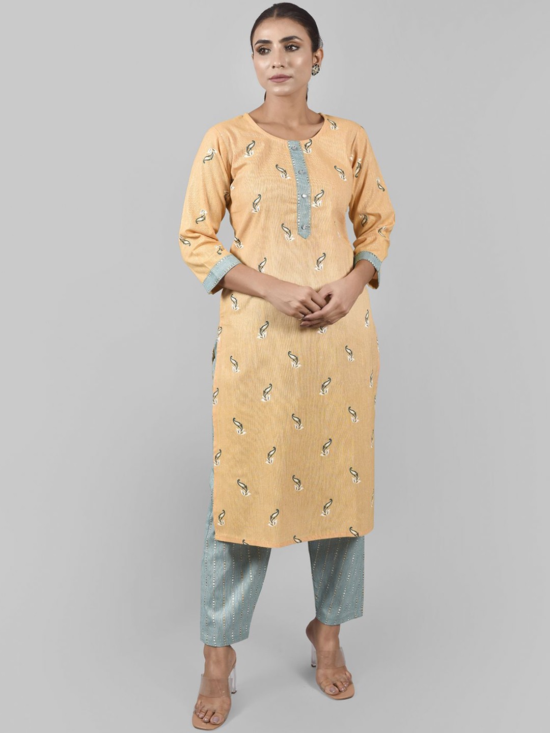 

KALINI Women Orange Ethnic Motifs Printed Pure Cotton Kurta With Trousers