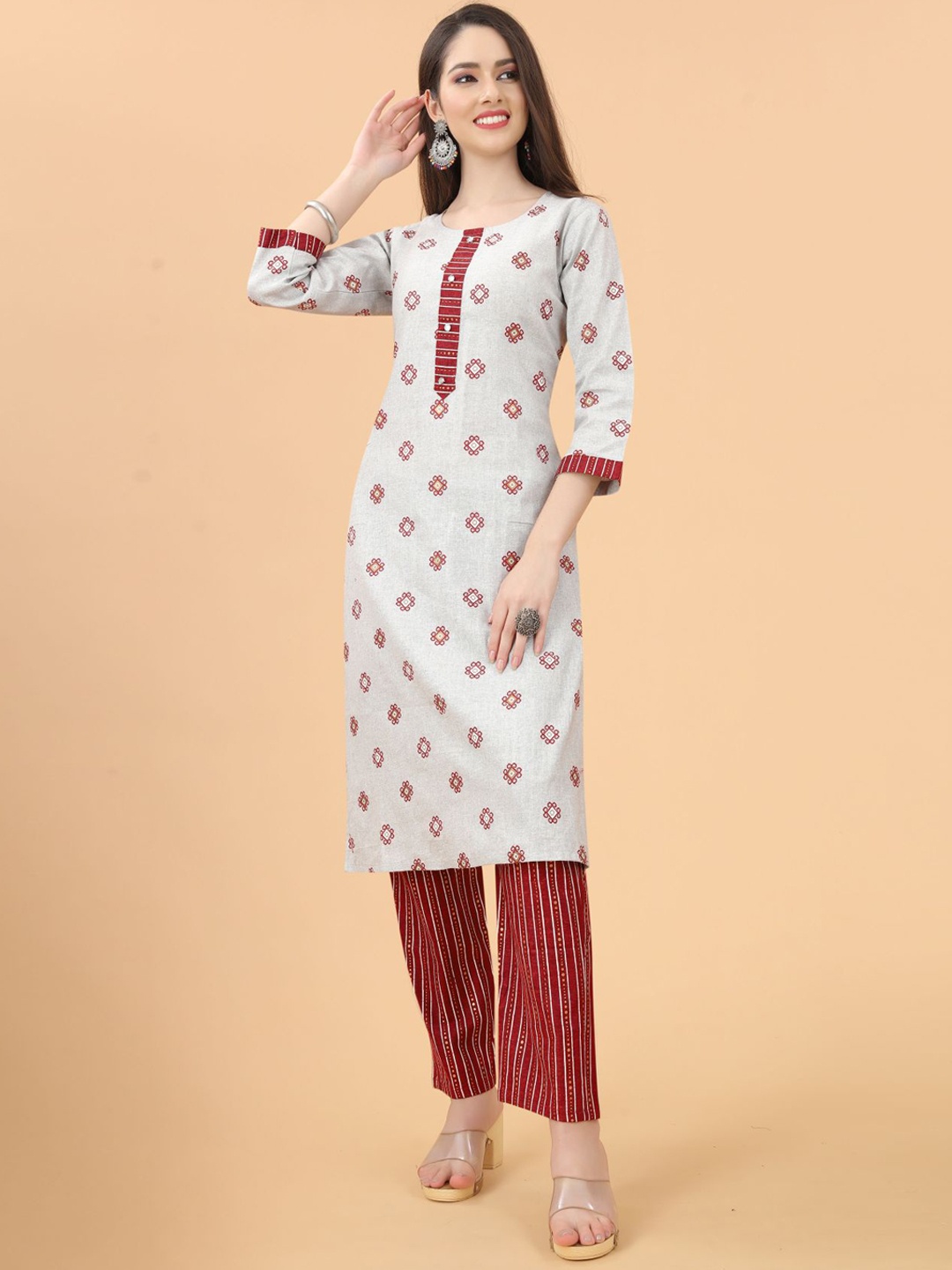 

KALINI Women Grey Ethnic Motifs Printed Pure Cotton Kurta with Trousers