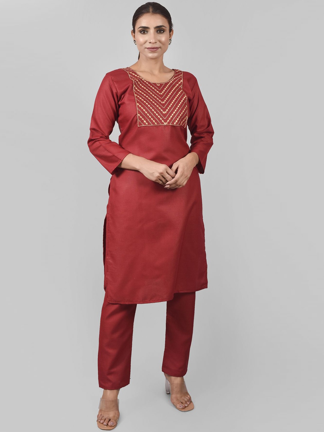 

KALINI Women Maroon Yoke Design Gotta Patti Pure Cotton Kurta with Trousers
