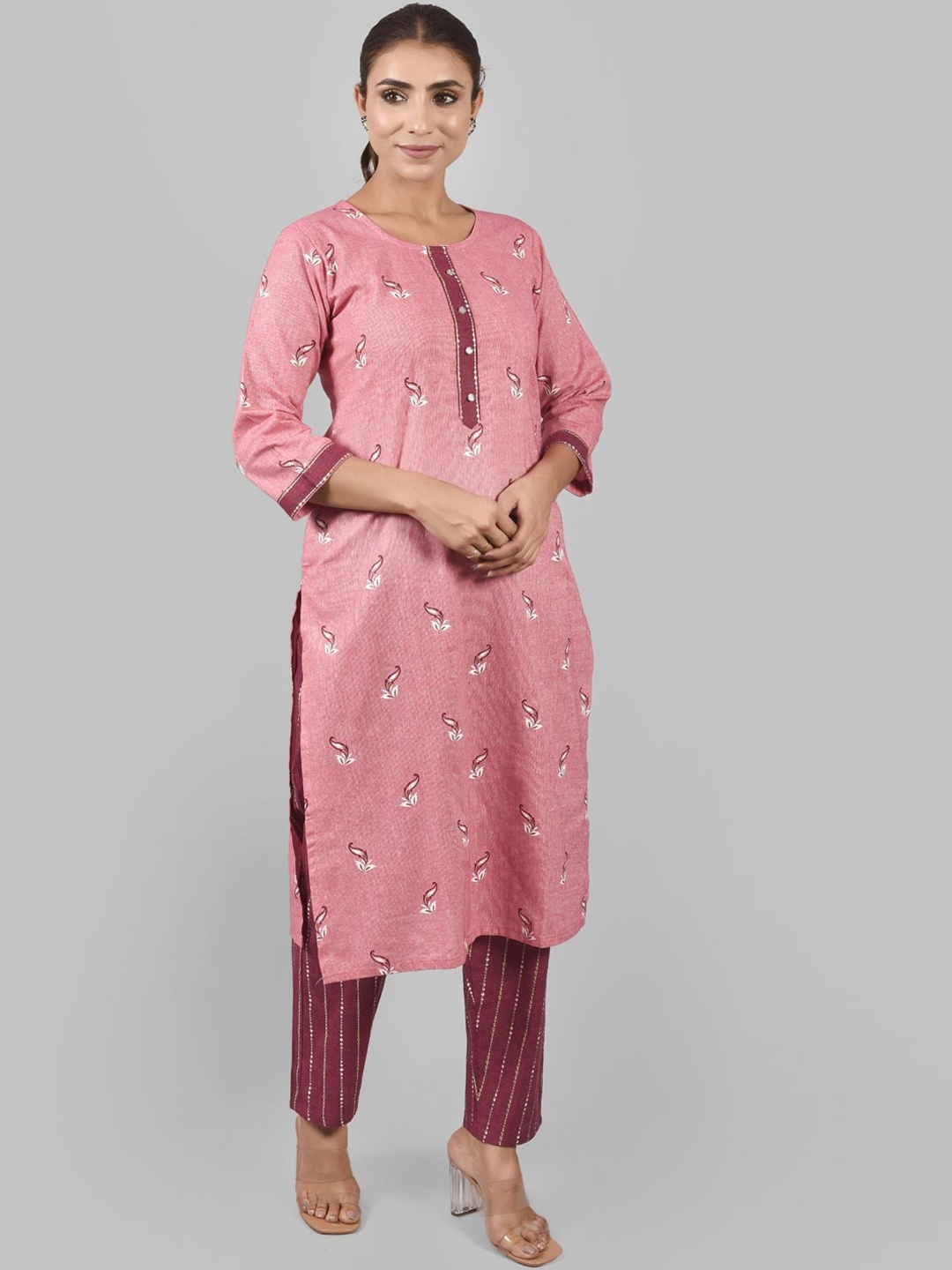 

KALINI Women Pink Ethnic Motifs Printed Pure Cotton Kurta with Trousers