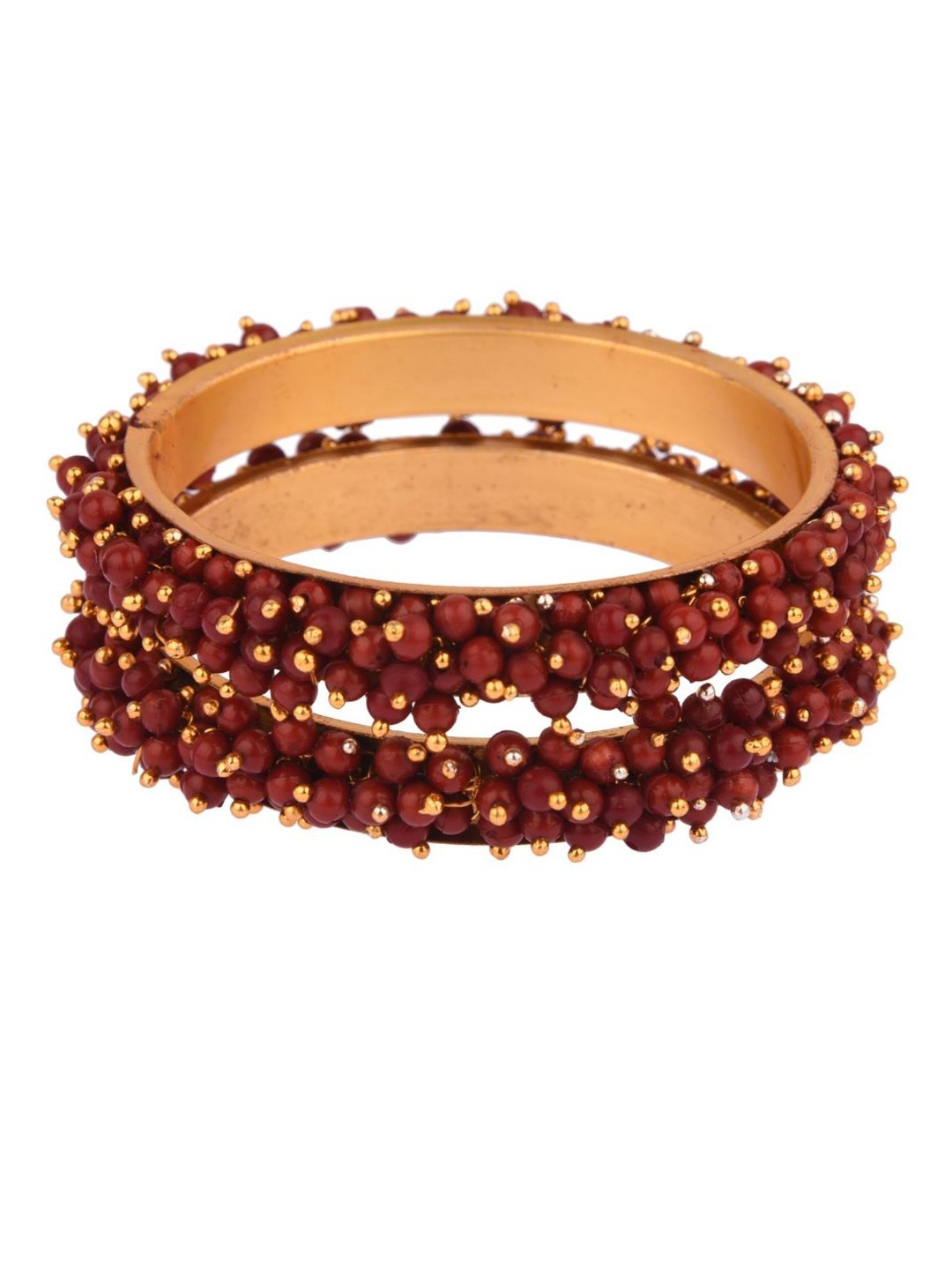 Efulgenz Set Of 2 Gold-Toned & Maroon Beaded Gold-Plated Bangles
