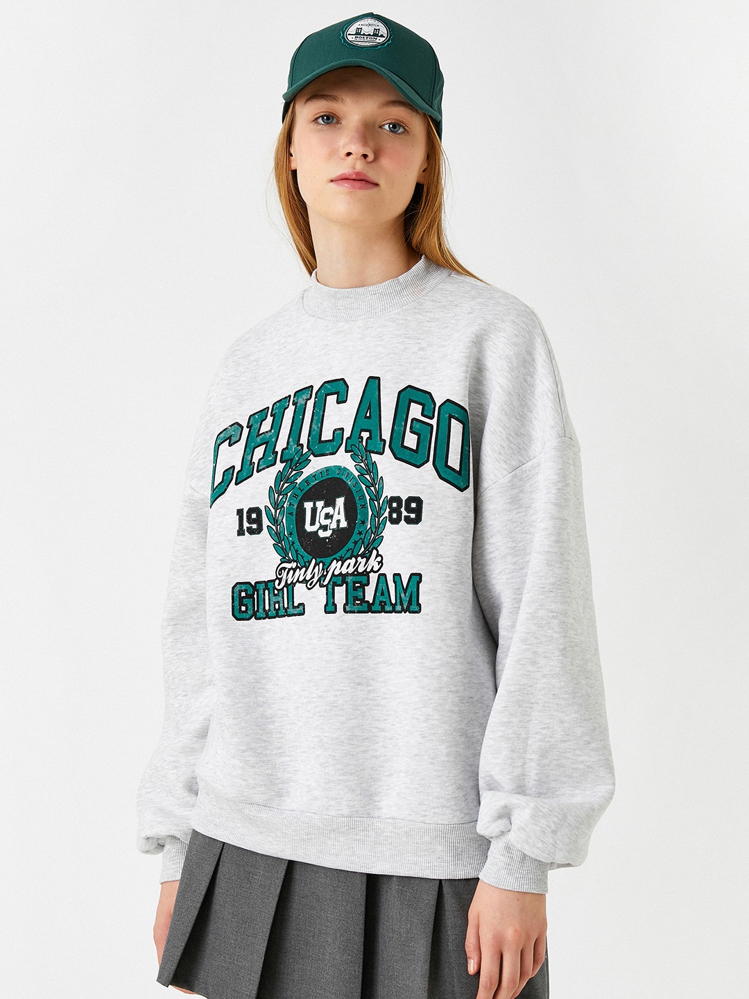 

Koton Women Grey Melange & Green Printed Sweatshirt