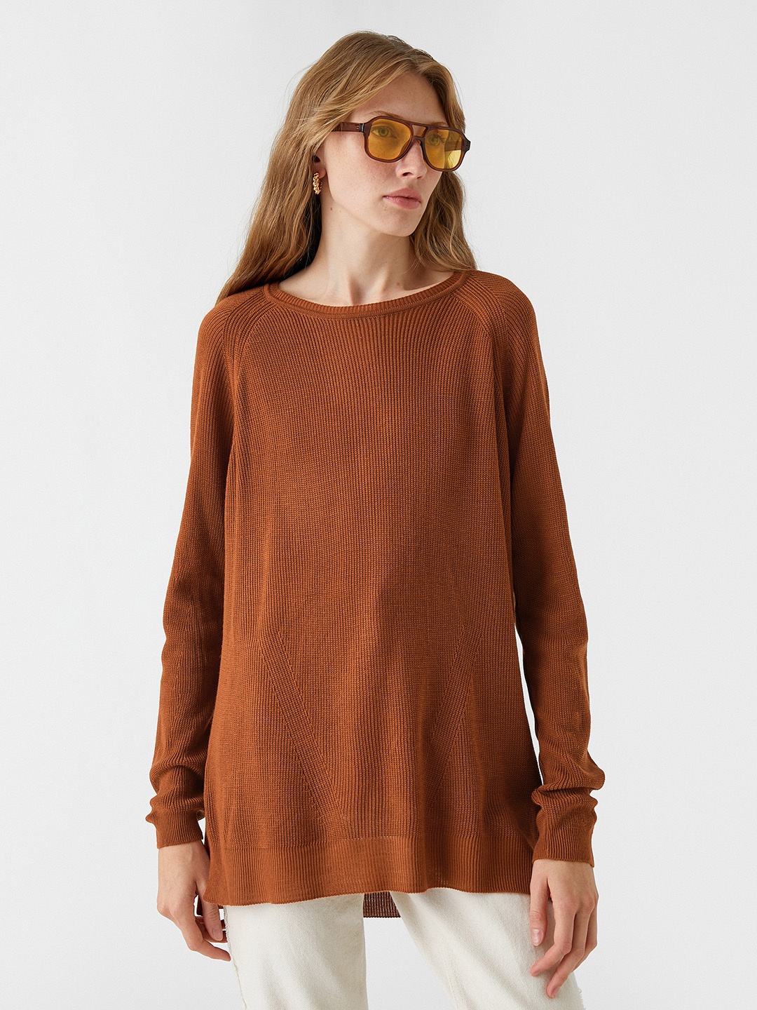 

Koton Women Brown Solid Longline Pullover