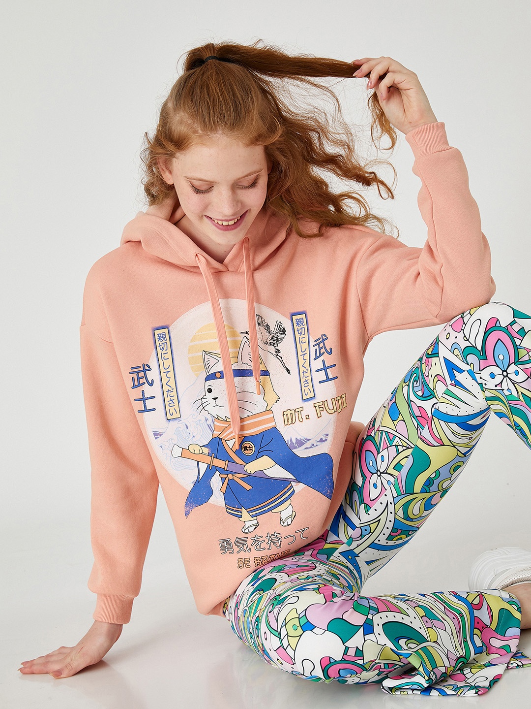 

Koton Women Pink & Cream-Coloured Printed Hooded Oversized Sweatshirt