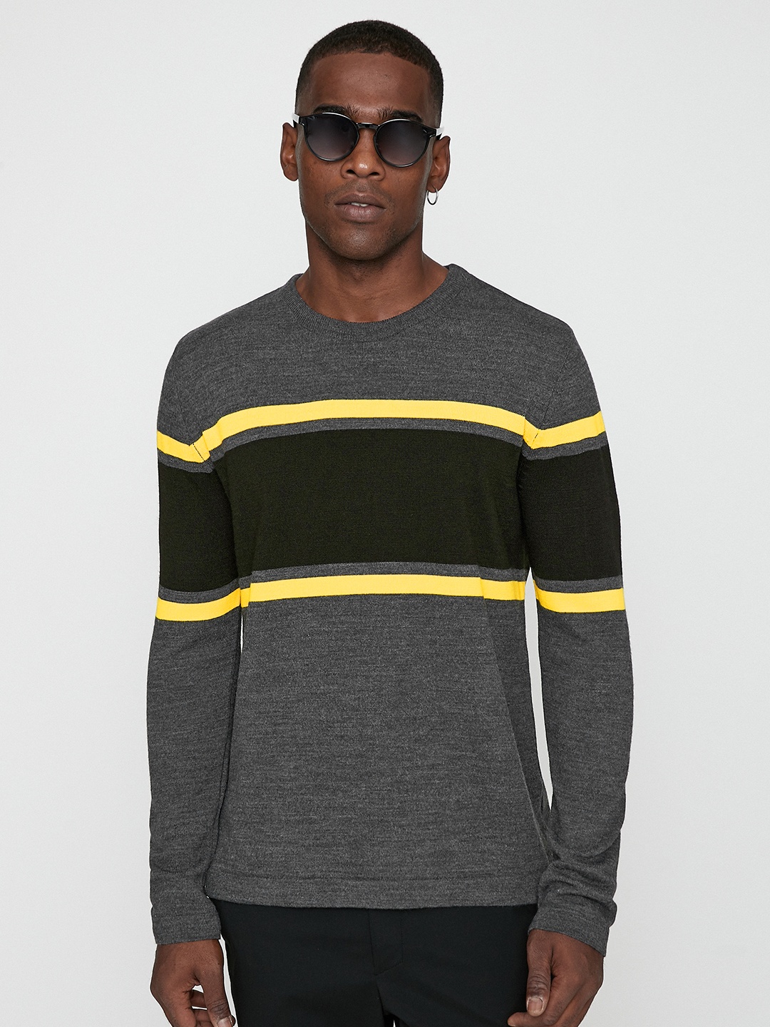 

Koton Men Grey Melange & Yellow Striped Pullover