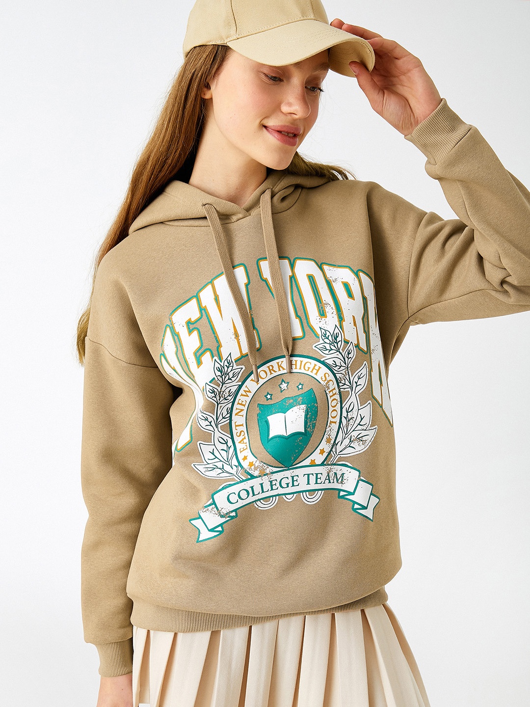 

Koton Women Beige & White Printed Hooded Sweatshirt