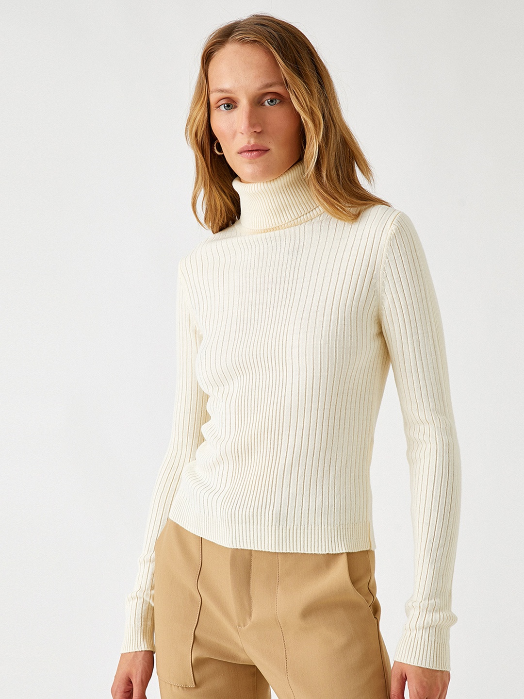 

Koton Women Pure Acrylic Ribbed Pullover, Cream