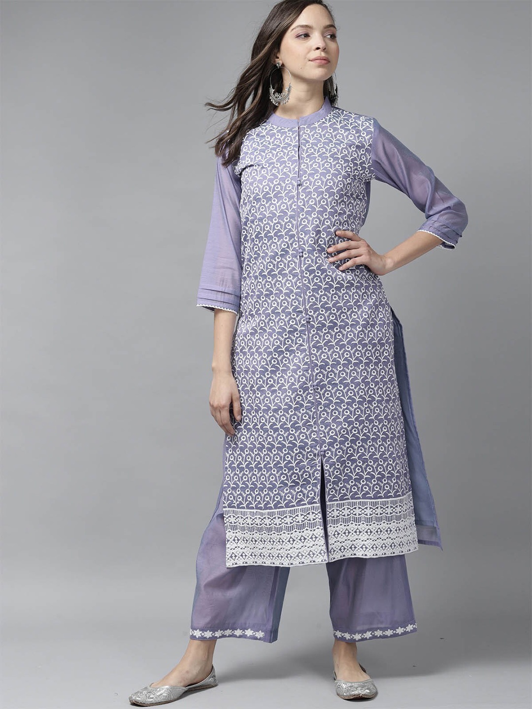 

ODETTE Women Lavender Embroidered Thread Work Pure Silk Kurta With Palazzos