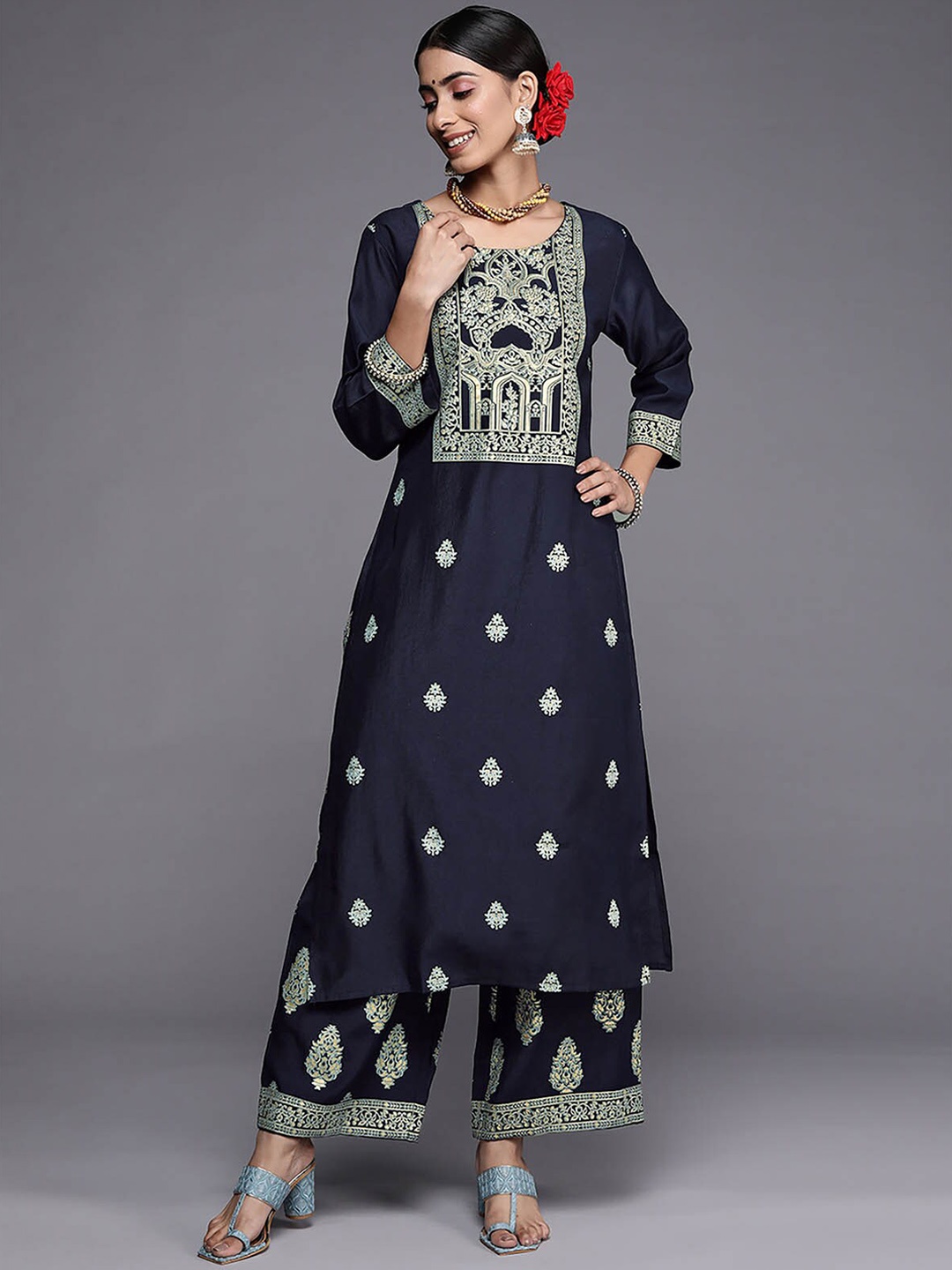 

ODETTE Women Navy Blue Ethnic Motifs Printed Kurta With Palazzos