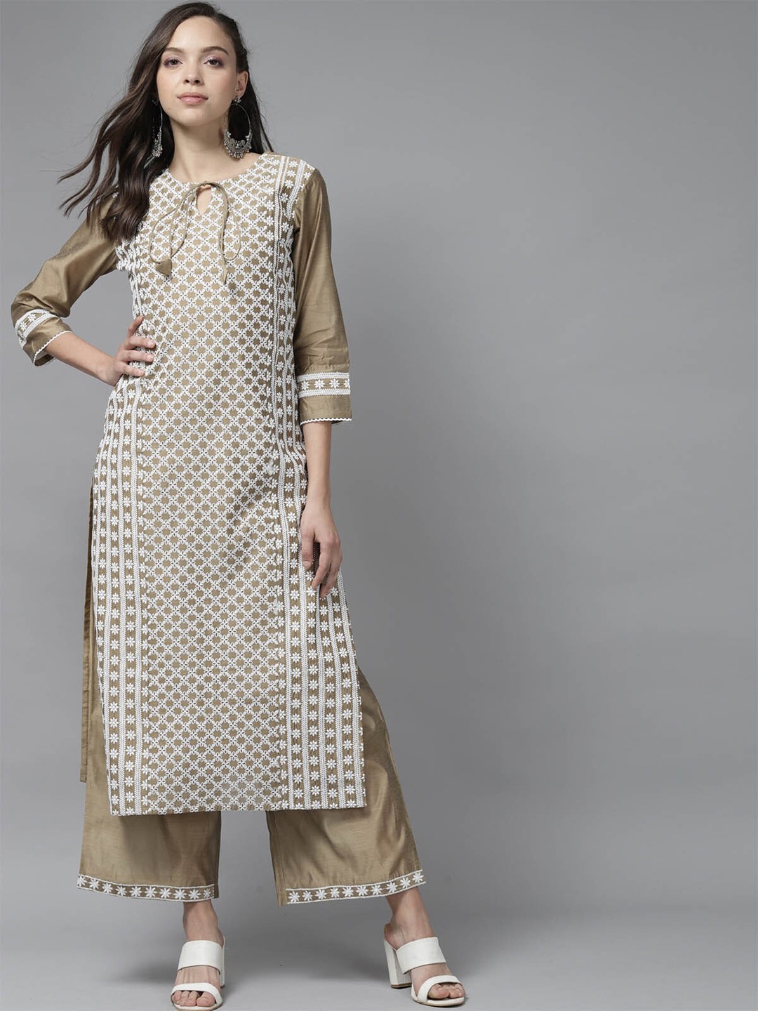 

ODETTE Women Brown Embroidered Thread Work Pure Silk Kurta With Palazzos