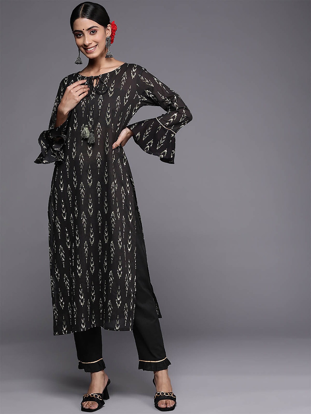 

ODETTE Women Black Printed Gotta Patti Pure Cotton Kurta With Trousers