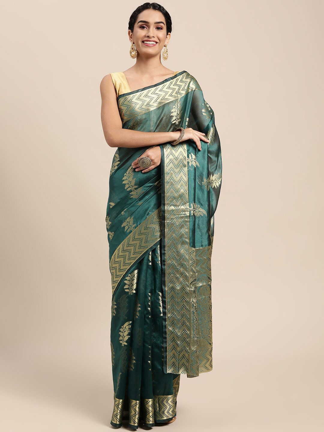 

Mitera Green & Gold-Toned Floral Zari Organza Kanjeevaram Saree