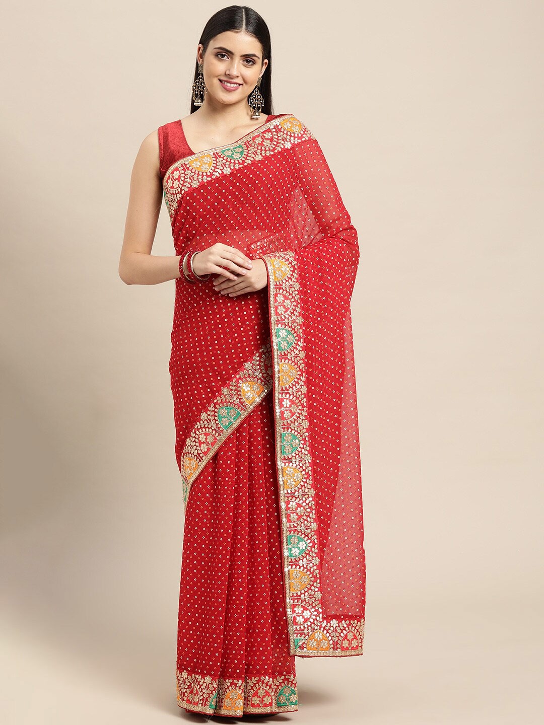 

Mitera Red & Orange Bandhani Gotta Patti Pure Georgette Bandhani Saree