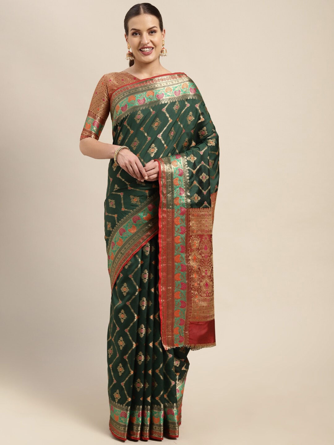 

Mitera Green & Red Ethnic Motifs Zari Silk Blend Kanjeevaram Saree
