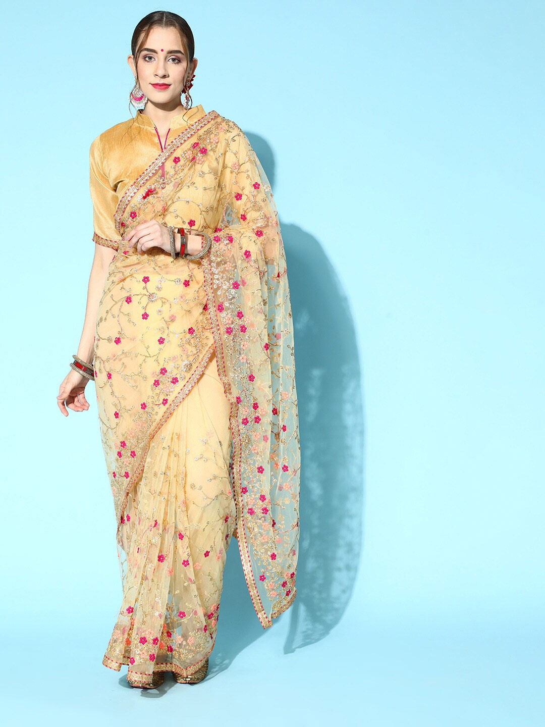 

Mitera Beige & Pink Floral Embroidered Net Heavy Work Saree