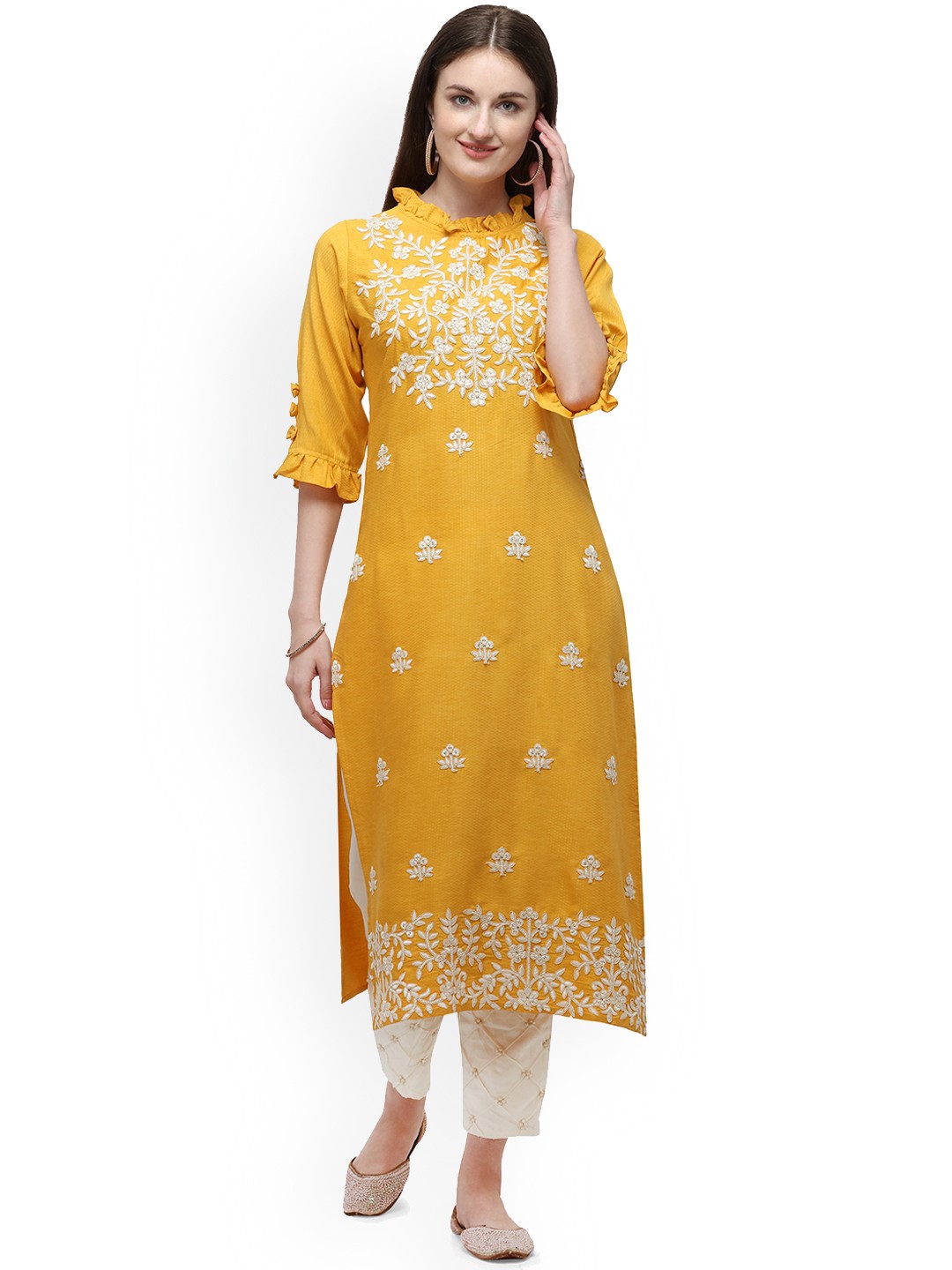 

Berrylicious Women Mustard Yellow Ethnic Motifs Embroidered Chikankari Kurta with Trousers