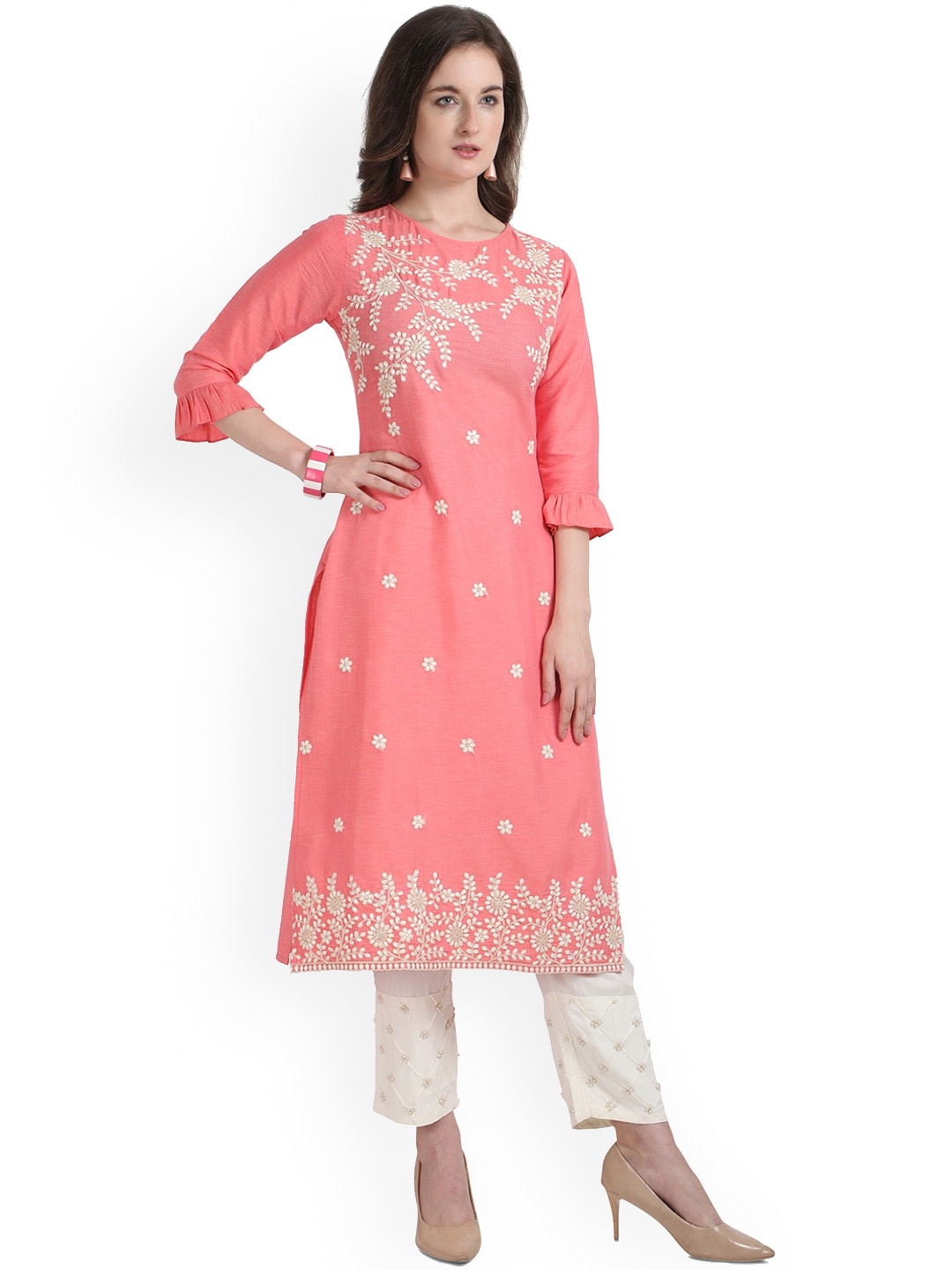 

Berrylicious Women Pink Floral Embroidered Chikankari Kurta with Trousers