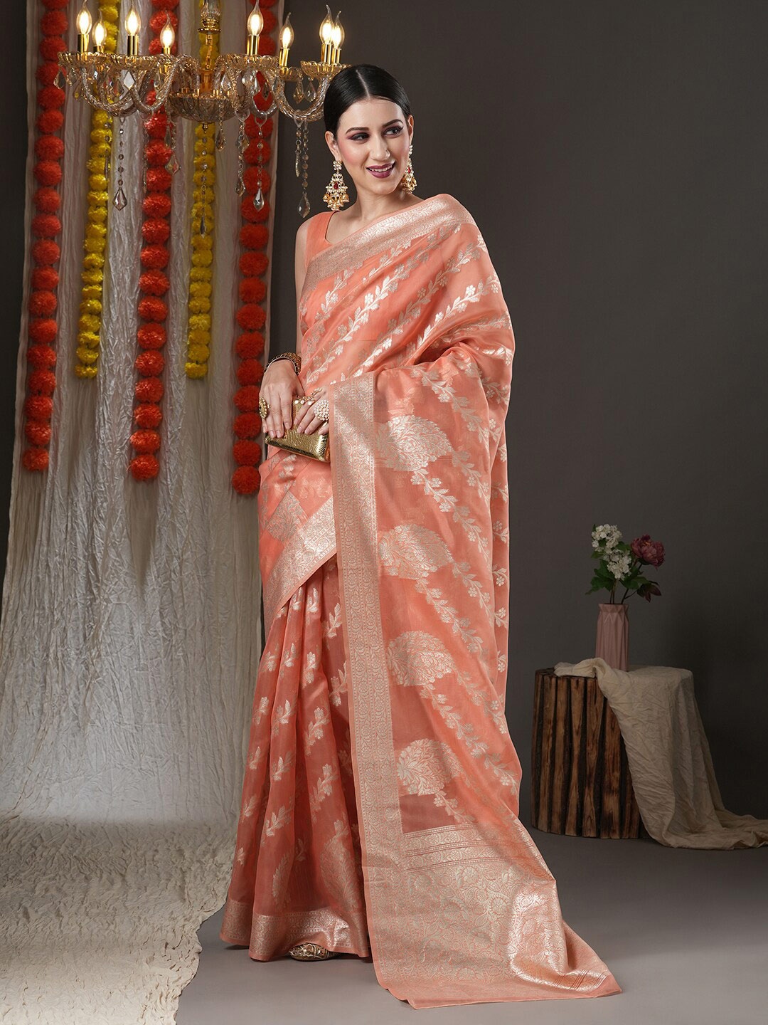 

Mitera Peach-Coloured & Gold-Toned Woven Design Zari Organza Leheriya Saree