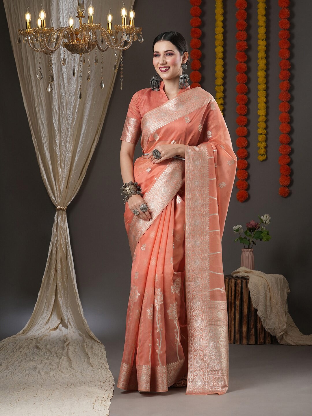 

Mitera Peach-Coloured & Silver-Toned Woven Design Zari Organza Bagh Saree