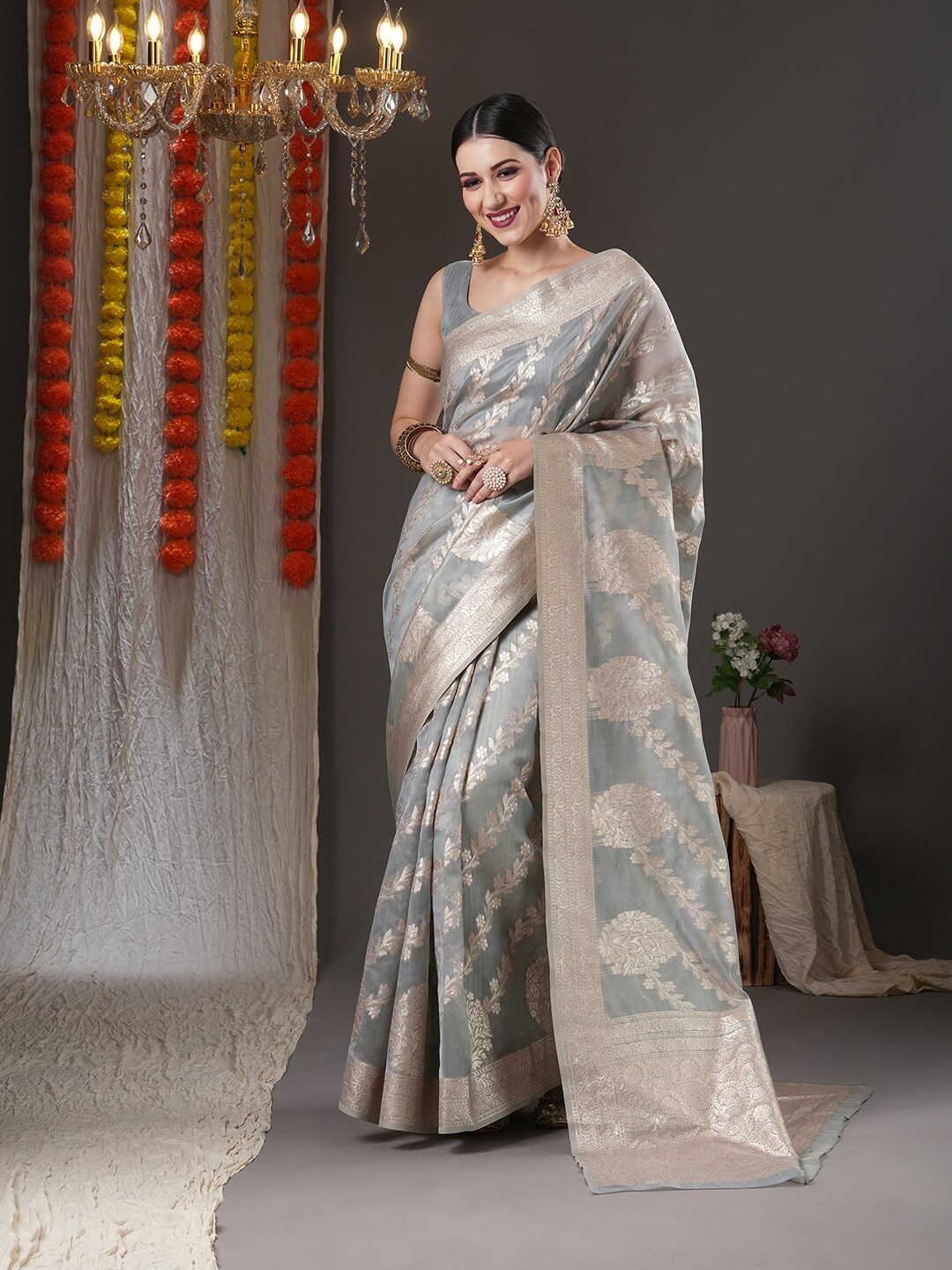 

Mitera Grey & Silver-Toned Floral Zari Organza Saree
