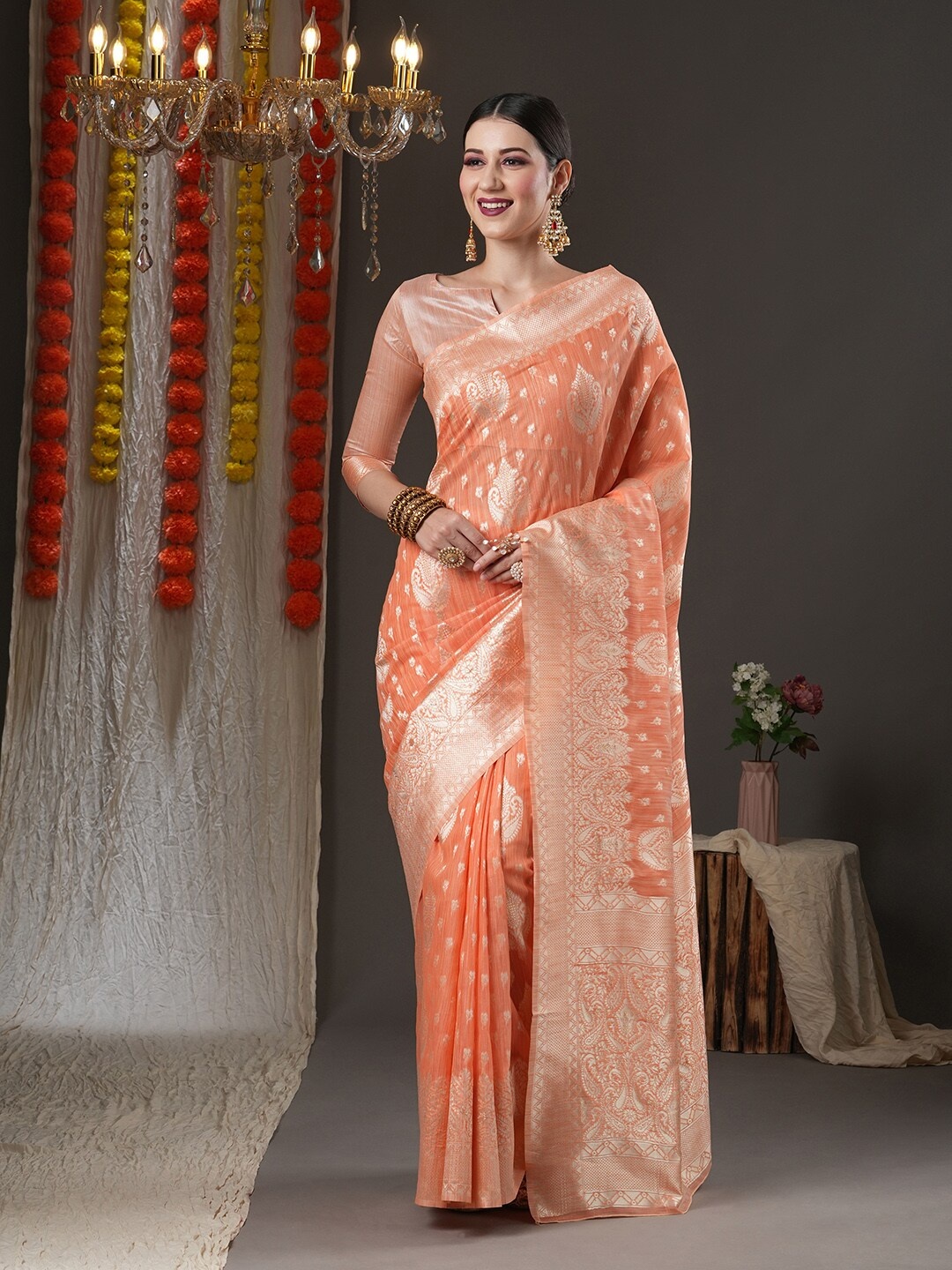 

Mitera Peach-Coloured & Gold-Toned Woven Design Muga Saree