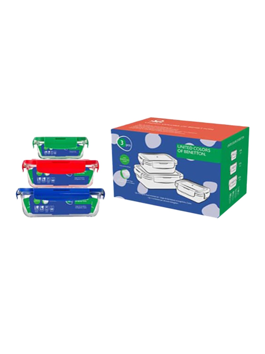 

United Colors of Benetton Rainbow Transparent Set of 3 Borosilicate Glass Food Containers, Red