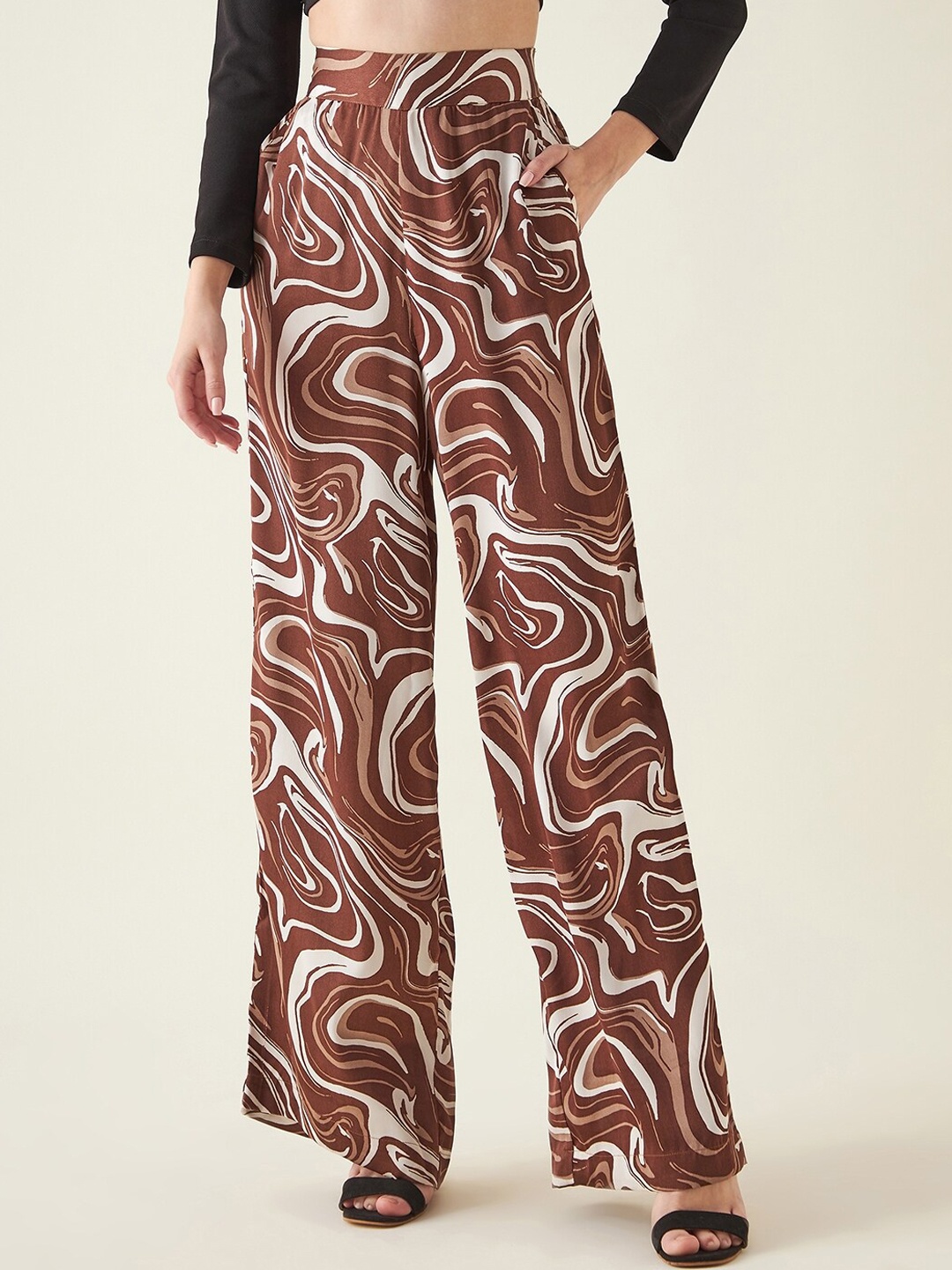

JUNE & HARRY Women Brown Printed Straight Fit High-Rise Satin Parallel Trousers