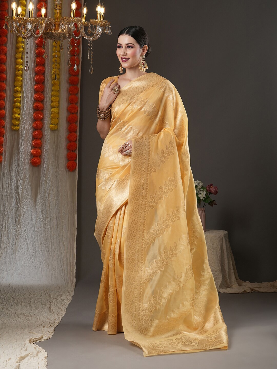 

Saree mall Yellow & Gold-Toned Woven Design Organza Chanderi Sarees