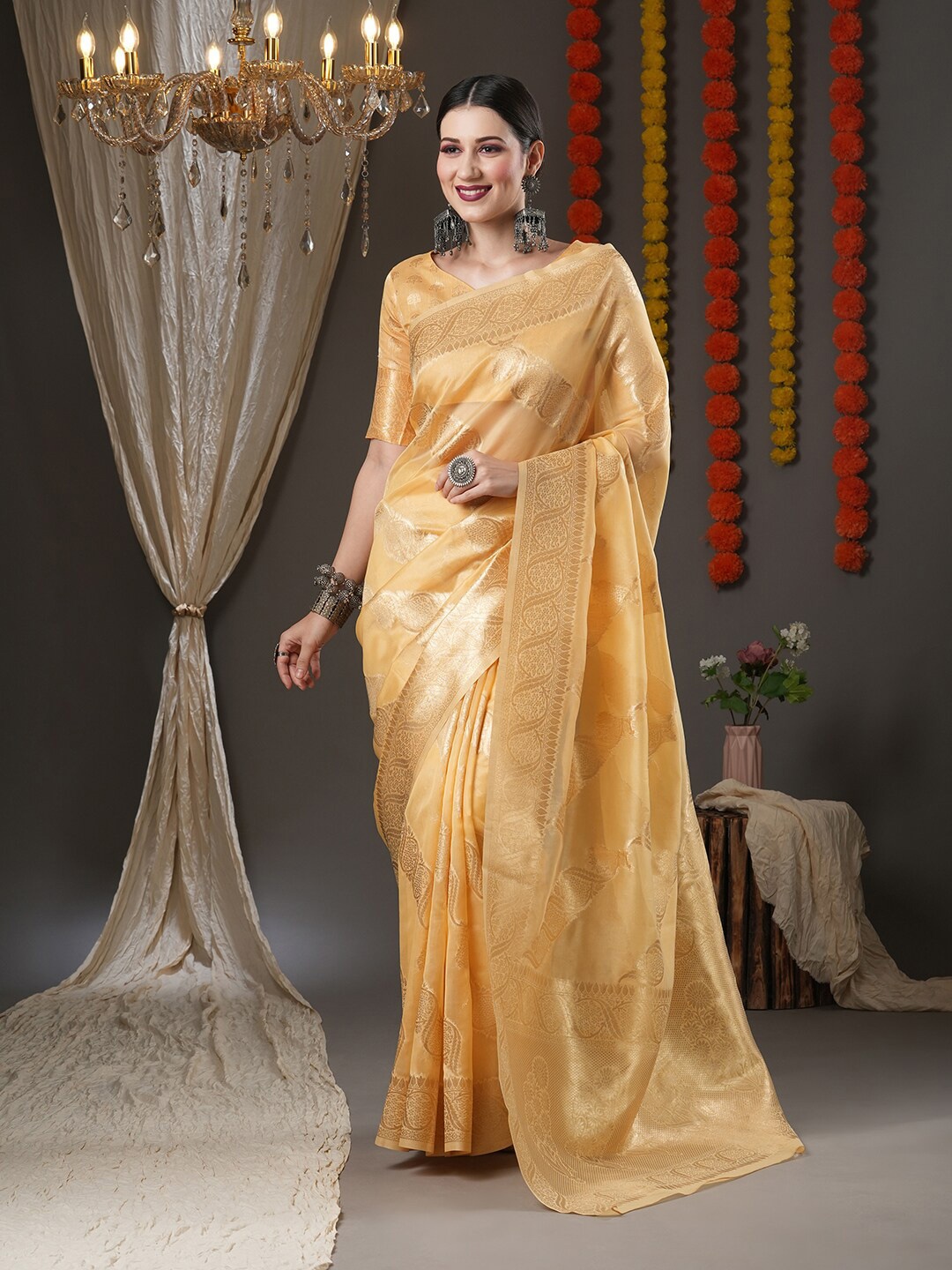 

Saree mall Yellow & Gold-Toned Woven Design Zari Organza Chanderi Sarees
