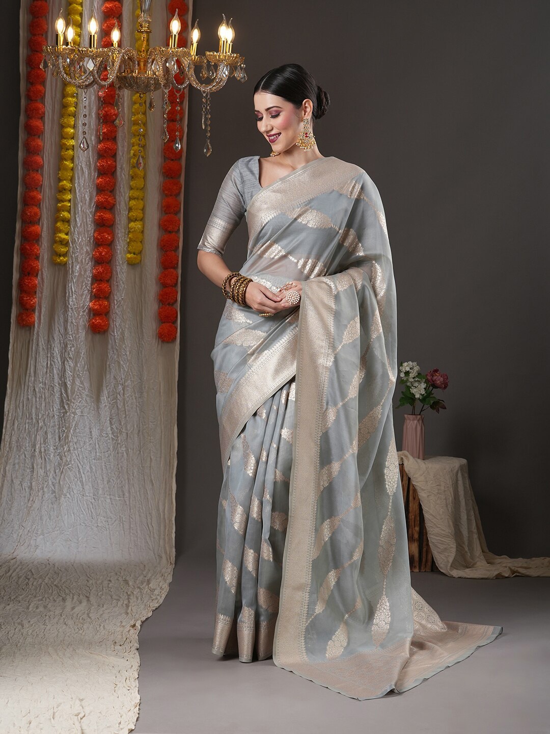 

Saree mall Grey & Gold-Toned Woven Design Zari Organza Chanderi Sarees