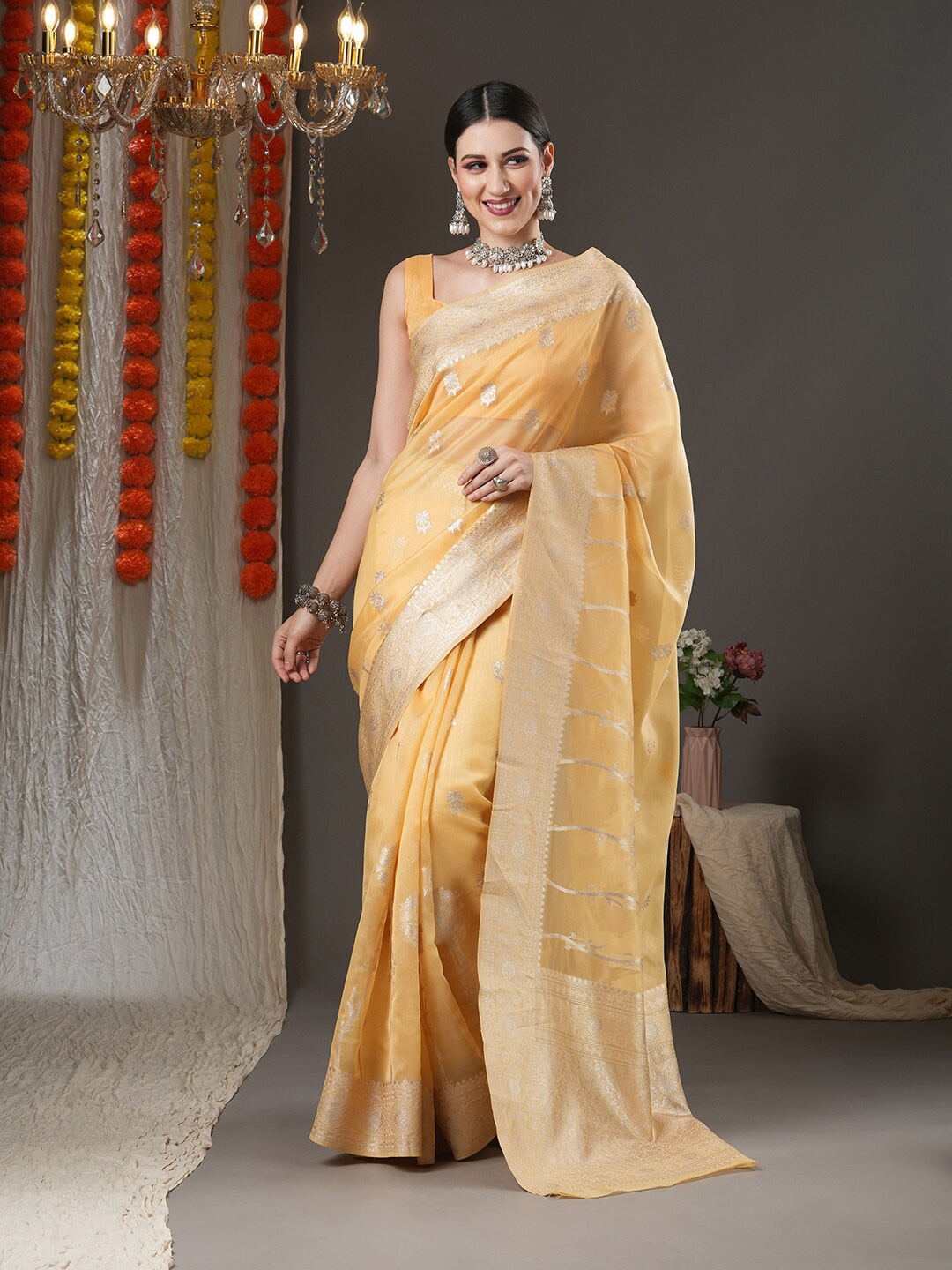 

Saree mall Yellow & Gold-Toned Woven Design Zari Organza Bagh Sarees