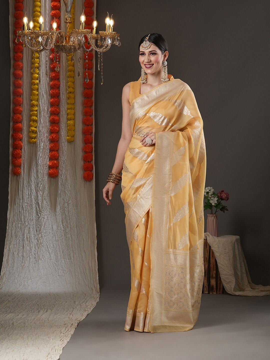 

Saree mall Yellow & Gold-Toned Woven Design Zari Organza Chanderi Sarees