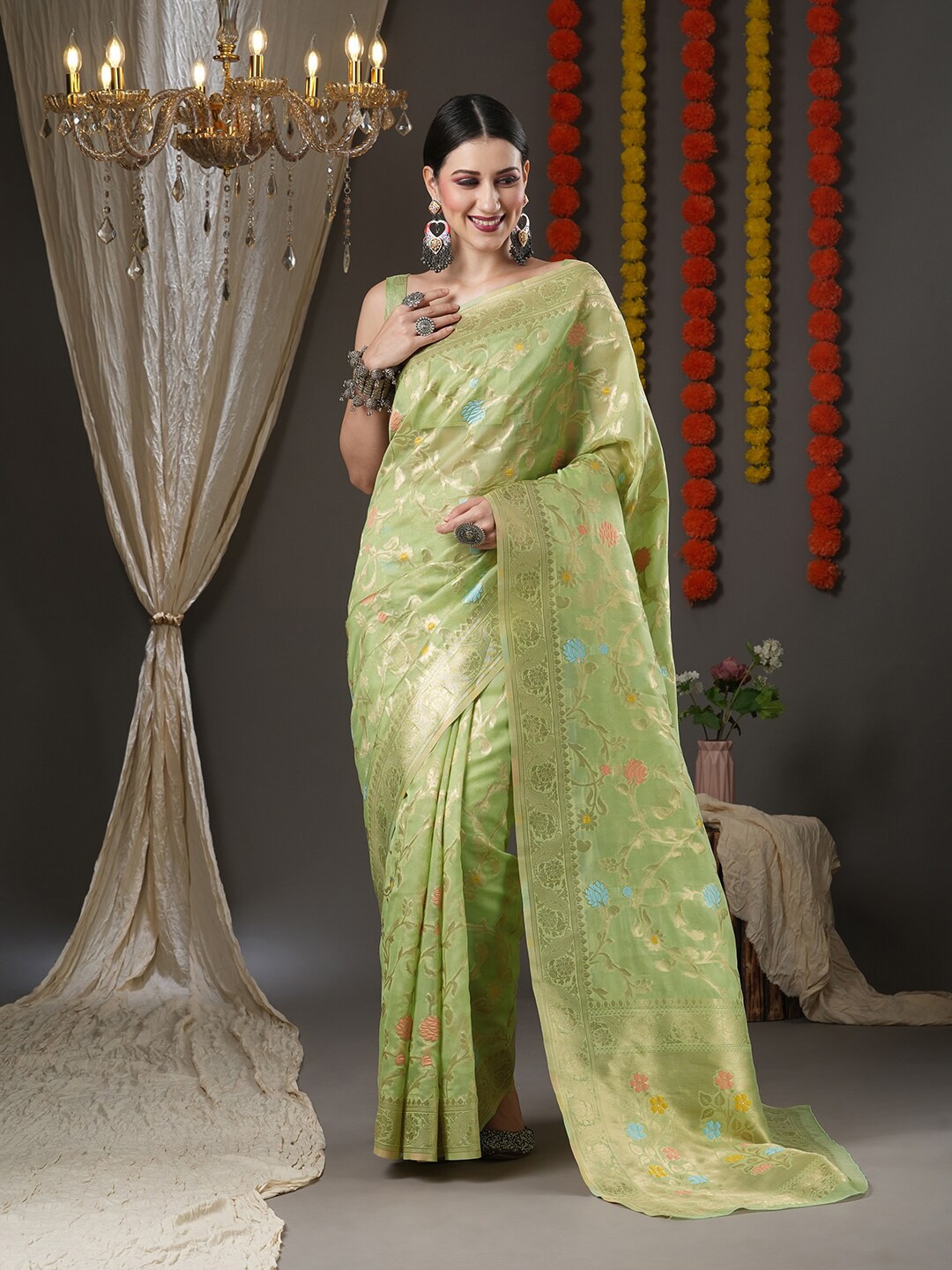 

Saree mall Green & Gold-Toned Woven Design Zari Organza Chanderi Sarees
