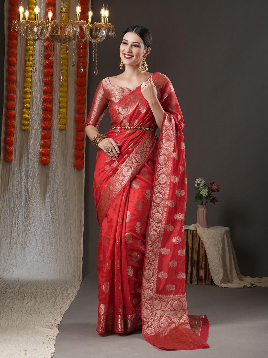 

Saree mall Red & Gold-Toned Woven Design Organza Bagh Sarees