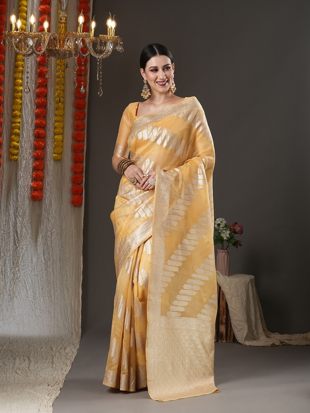 

Saree mall Yellow & Gold-Toned Woven Design Zari Organza Chanderi Sarees